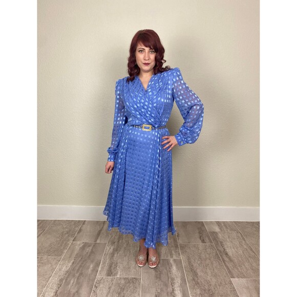 Size M | Vintage 1980s 80s Periwinkle Puff Balloon Long Sleeve Ethereal Dress - Picture 5 of 10